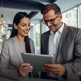 Two people in suits smiling while looking at a tablet.