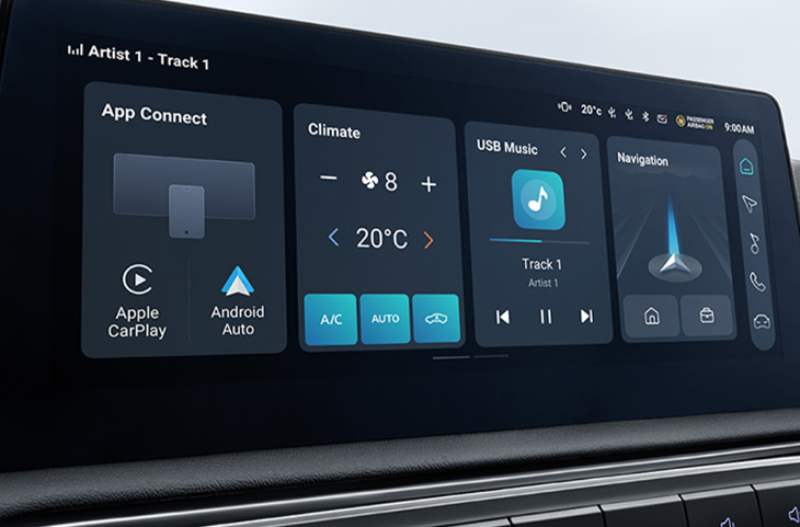 close up of the touchscreen available in the car