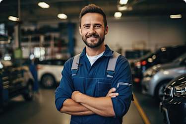 Mechanic in a blue uniform stands with arms crossed in a garage.