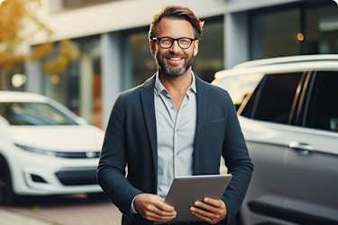 Man in suit holding tablet, standing between two parked cars.
