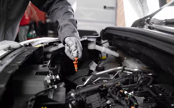 person using oil test in a car engine